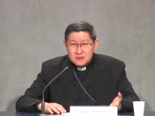 Cardinal Luis Antonio Tagle is moved as he recalls his grandfather at a Vatican press conference, June 15, 2021.